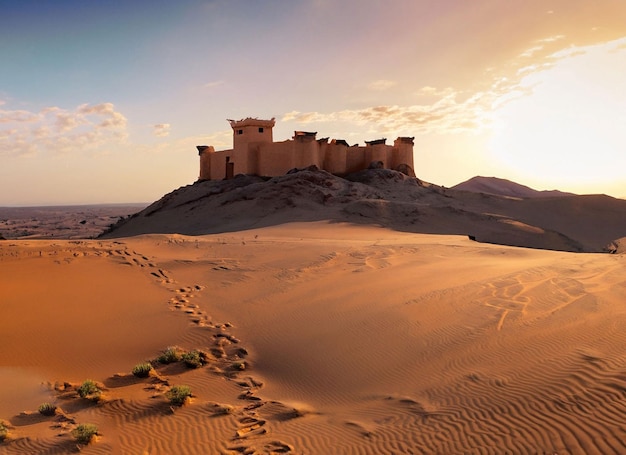 Un castello di sabbia nel deserto con un tramonto sullo sfondo