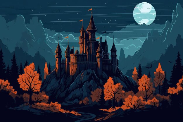 Un castello in montagna con la luna alle spalle