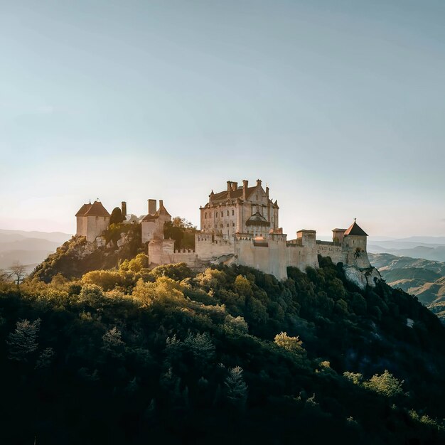 Un castello medievale in cima a una collina con silhouette di alberi e un cielo limpido