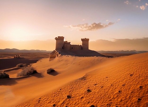 Un castello nel deserto con il sole che tramonta