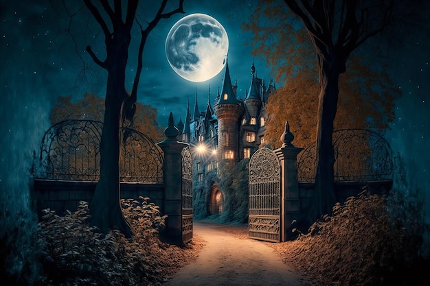 Un castello oscuro con la luna piena sullo sfondo