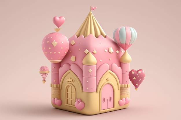 Un castello rosa con un tetto rosa e un palloncino a forma di cuore rosa.