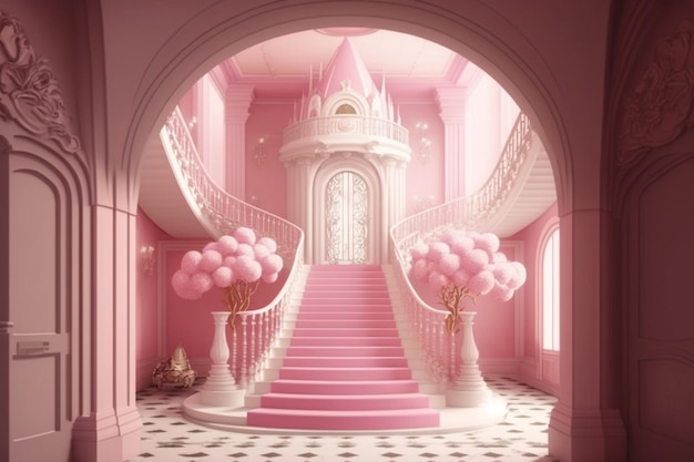 Un castello rosa con una scalinata e un castello rosa sul fondo.