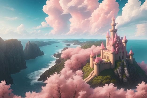 Un castello rosa mondo rosa anime foresta acqua di mare illustrazione generativa ai