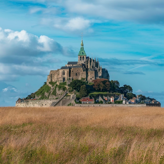 un castello si trova su una collina con uno sfondo celeste