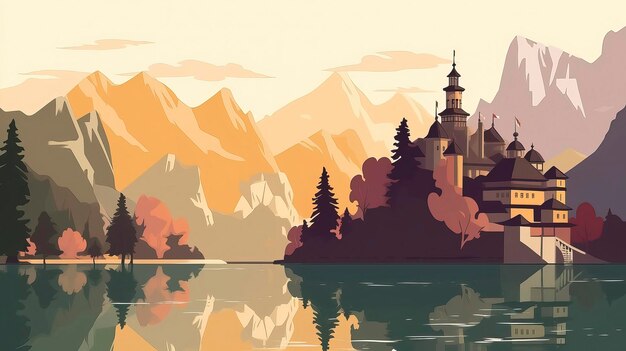 Un castello su un lago con le montagne sullo sfondo.