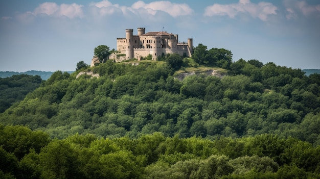 Un castello su una collina con alberi sullo sfondo