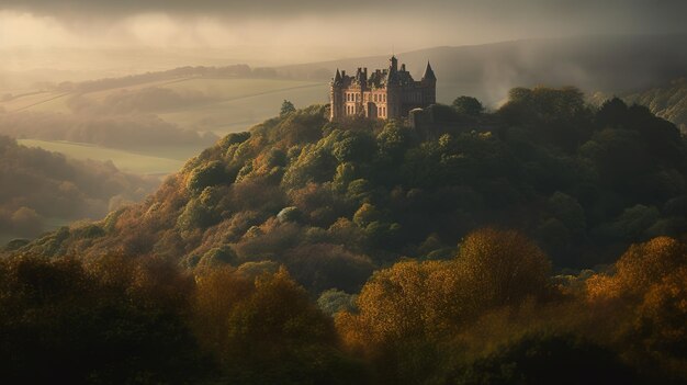 Un castello su una collina con un cielo nuvoloso sullo sfondo.