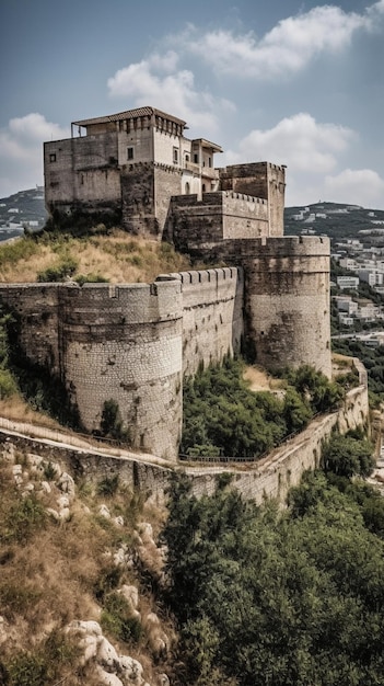 Un castello su una collina con una collina sullo sfondo