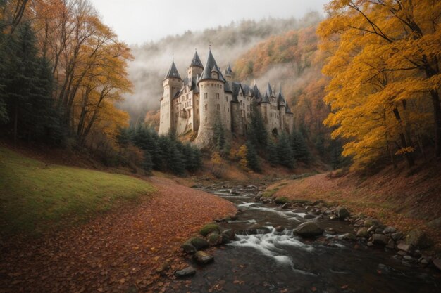 Un castello tranquillo nascosto in una foresta nebbiosa con foglie autunnali colorate sparse per terra