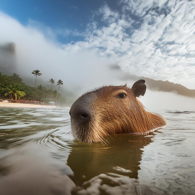 un castoro che nuota in un lago con le palme sullo sfondo
