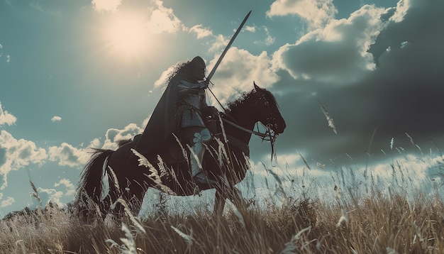 Un cavaliere a cavallo indossa un'armatura e tiene una spada