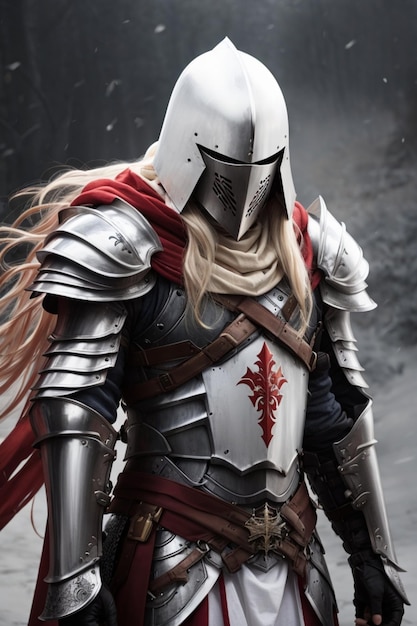 Un cavaliere albino maschio con capelli lunghi che indossa un'armatura pesante con un cappuccio rosso che porta lunghe spade