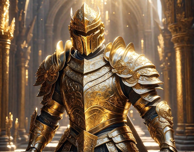 Un cavaliere con un'armatura dorata lucida