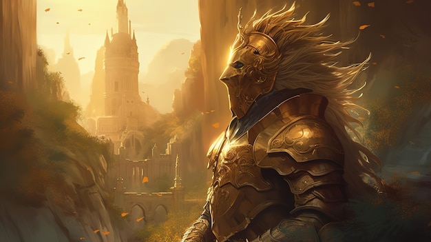 Un cavaliere con un elmo d'oro si trova di fronte a una città.