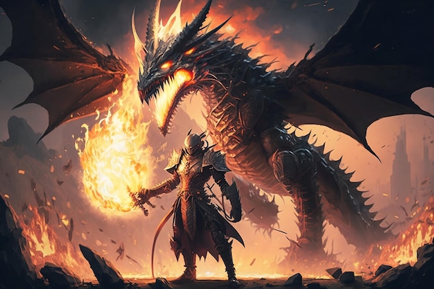 Un cavaliere con una spada fiammeggiante uscì per combattere un drago sputafuoco le cui ali sono in fiamme