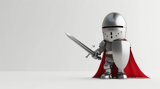 Un cavaliere dei cartoni animati in armatura d'argento con un mantello rosso è pronto per la battaglia spada in mano e scudo pronto