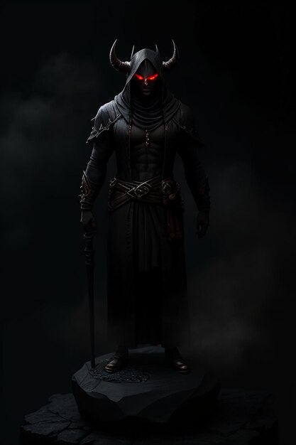 Un cavaliere oscuro con gli occhi rossi si trova in una stanza buia con una spada in mano.