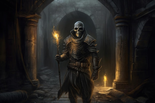 Un cavaliere oscuro con una torcia in un corridoio sotterraneo con motivi a forma di teschio. IA generativa