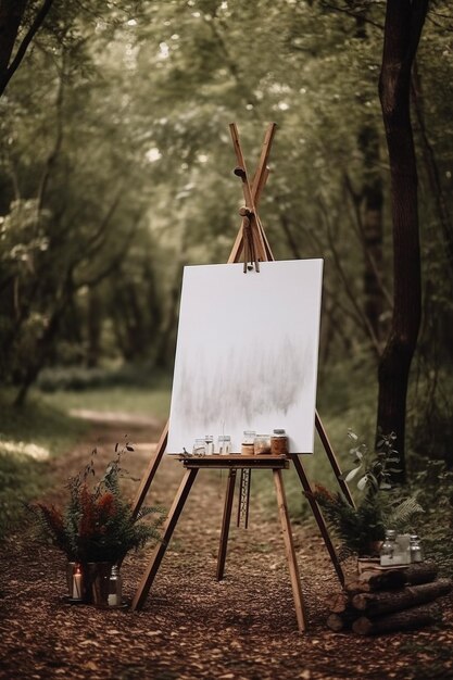 Un cavalletto con sopra un dipinto nel bosco