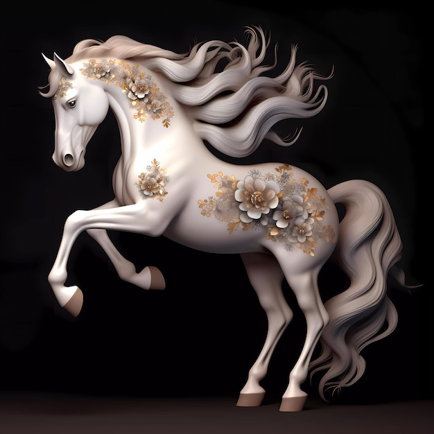 Un cavallo bianco con fiori d'oro sul dorso