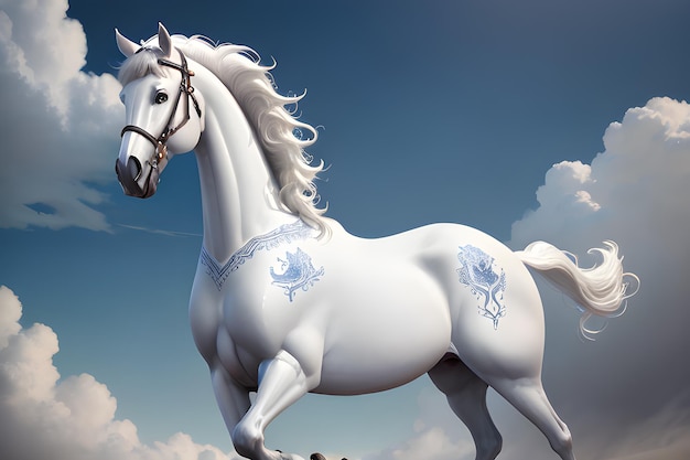 Un cavallo bianco con un fiore blu sul dorso