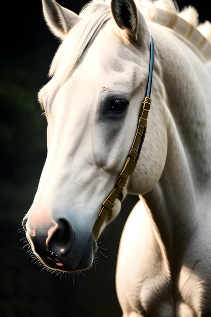 Un cavallo bianco con una briglia d'oro e un naso nero.