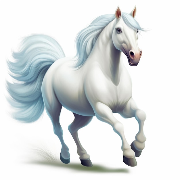 Un cavallo bianco con una coda blu e una criniera bianca.