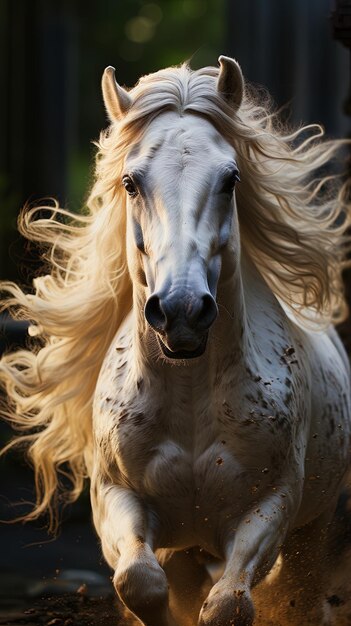 un cavallo bianco con una criniera bianca e un naso nero