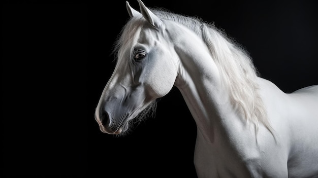 Un cavallo bianco con uno sfondo nero