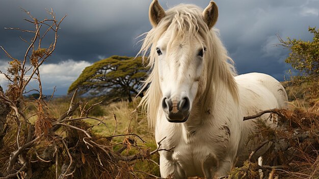 un cavallo bianco è in piedi in un campo con un cielo nuvoloso sullo sfondo