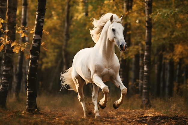 un cavallo bianco galoppante nel campo contro il bosco