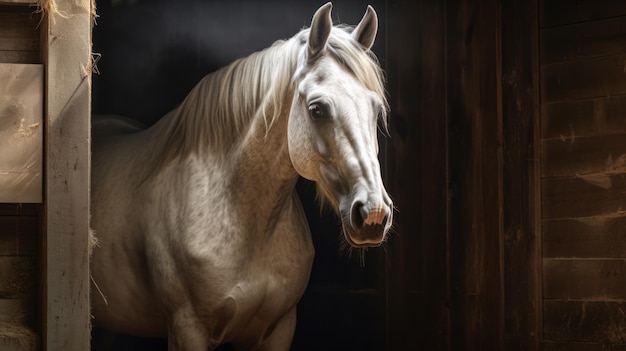 Un cavallo bianco in piedi all'interno di una stalla