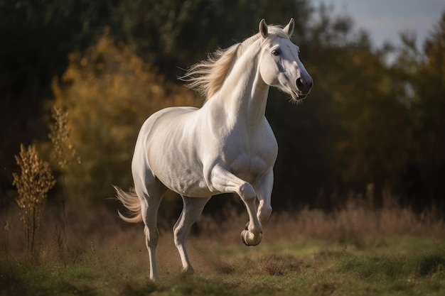 Un cavallo bianco selvaggio è partito sulle zampe posteriori in un campo di intelligenza artificiale generativa