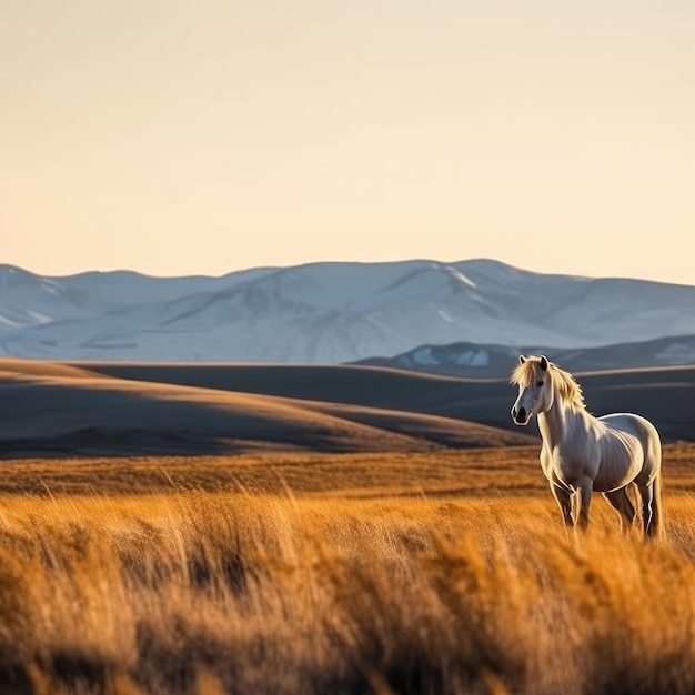 Un cavallo bianco si trova in un campo con le montagne sullo sfondo