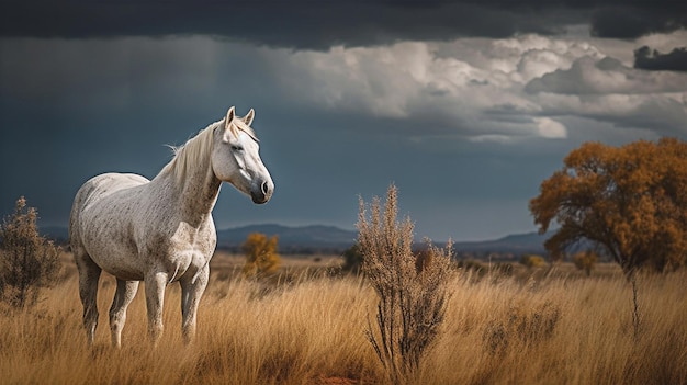 Un cavallo bianco si trova in un campo con un cielo tempestoso alle spalle