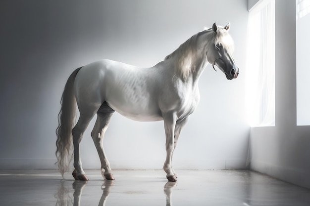 Un cavallo bianco si trova in una stanza bianca con una finestra che dice "cavallo"