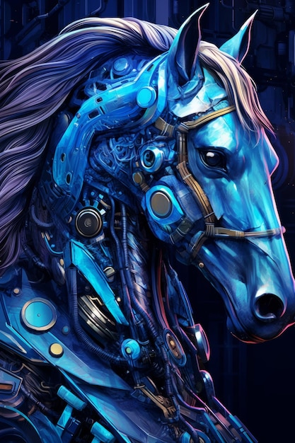 Un cavallo blu con una faccia da robot e una da robot.