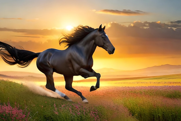 Un cavallo che corre in un campo con un tramonto sullo sfondo