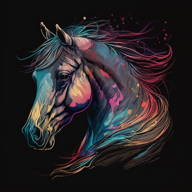 Un cavallo colorato con uno sfondo nero e uno sfondo nero.
