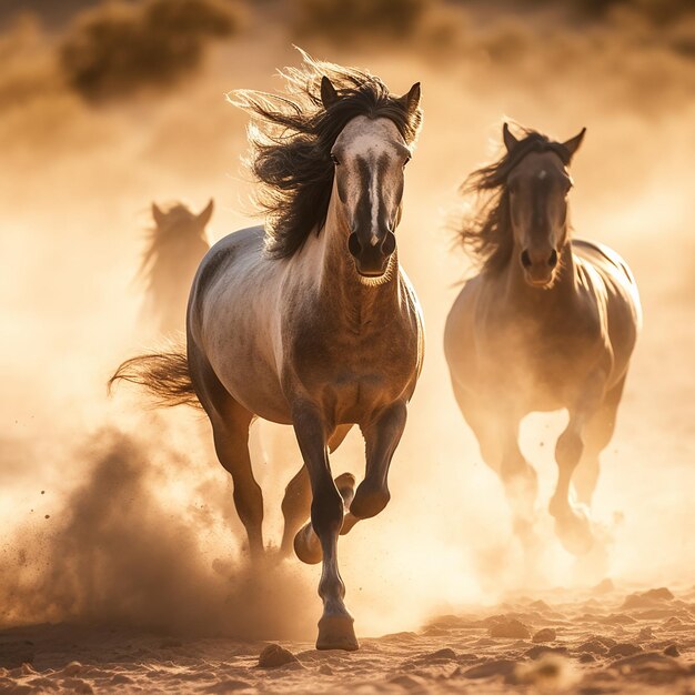 Un cavallo con la criniera nera corre nella polvere.