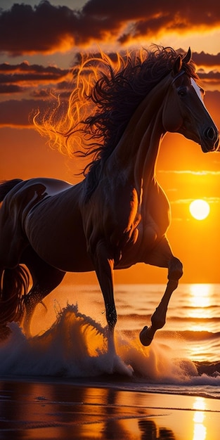 un cavallo con la criniera sul dorso si staglia su uno sfondo al tramonto.