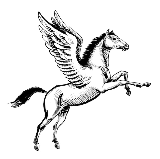 Un cavallo con le ali e la coda è su uno sfondo bianco.