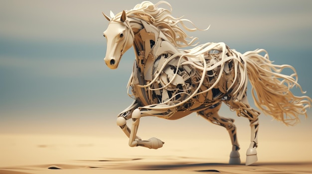 un cavallo con un cavallo sulla schiena sta correndo nella sabbia.