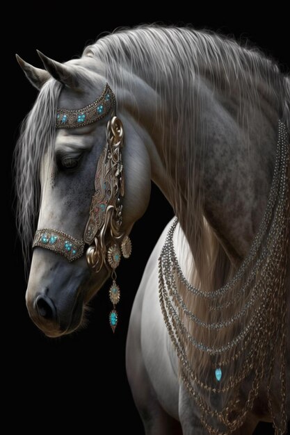 Un cavallo con un copricapo di perline blu e una catena d'argento intorno al collo.