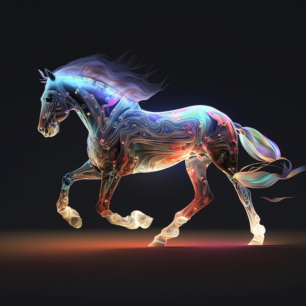 Un cavallo con un motivo colorato sul corpo sta correndo