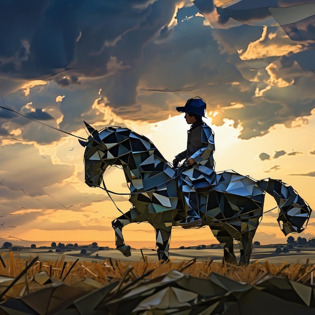 un cavallo con una persona sopra e un cavallo di carta sullo sfondo.