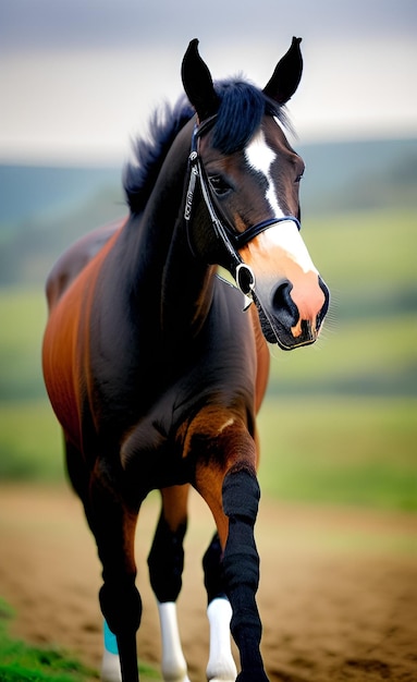 Un cavallo con una striscia bianca sulla faccia corre in un campo.