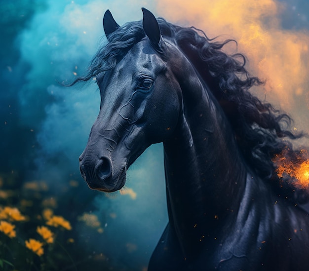 Un cavallo con uno sfondo blu e una nuvola di fumo sullo sfondo.