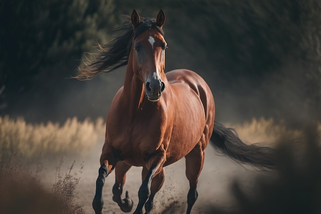 Un cavallo corre attraverso un campo con il sole che gli splende sulla faccia.